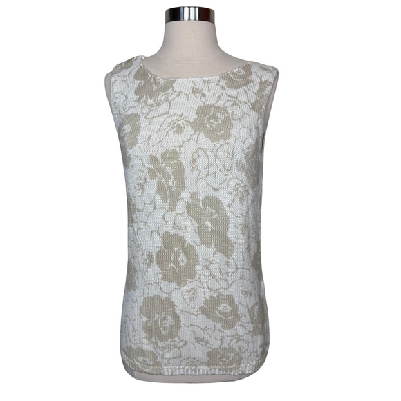 Eddie Bauer Cotton Knit Floral Print Cream Tan Scoop Neck Sweater Vest Medium - Picture 2 of 7